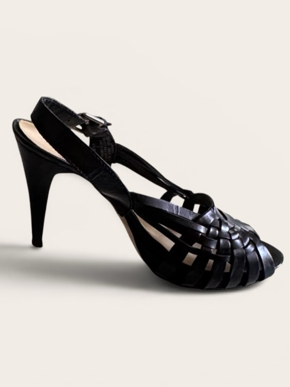 Nine West Charmo Black Woven Leather Slingback Peep Toe